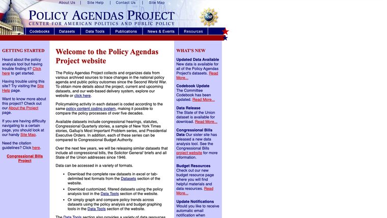 policyagendas.org in 2006 — the project's first home, with the NSF seal